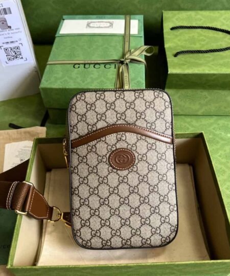 Gucci Sling Backpack With Interlocking G Beige And Ebony GG Supreme Canvas For Men 9.4in/24cm GG 696016 92THG 8563