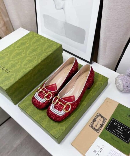 Gucci Lovelight Crystal Ballet Flat With Horsebit Red For Women GG