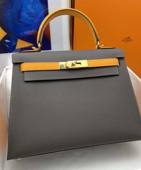 Hermes Kelly 28 Sellier Epsom Dark Grey/Yellow Bag For Women, Women's Handbags, Shoulder Bags 11in/28cm