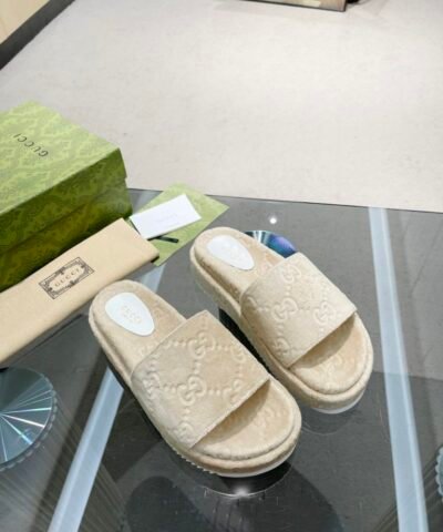 Gucci Jumbo Gg Platform Slide Sandal Beige For Women