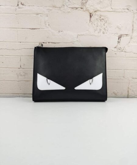 Fendi Monster Eyes Flat Zip Pound Clutch in Black with Silver Hardware For Men 27cm/10.5in FF