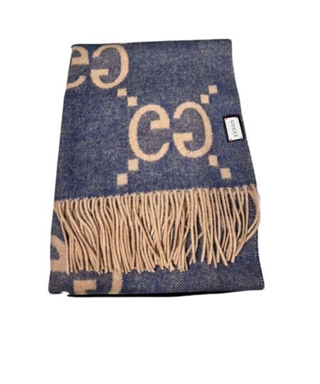 Gucci Cashmere Jacquard Scarf Blue And Beige 200cm/79in For Women