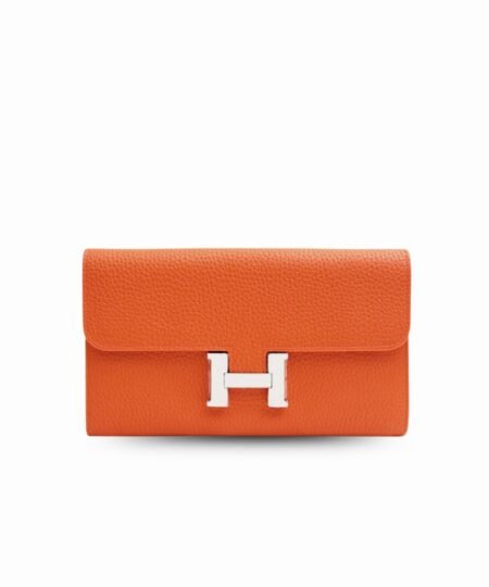 Hermes Constance Togo Long Wallet 20cm/7.9in Silver Toned Hardware For Women Orange