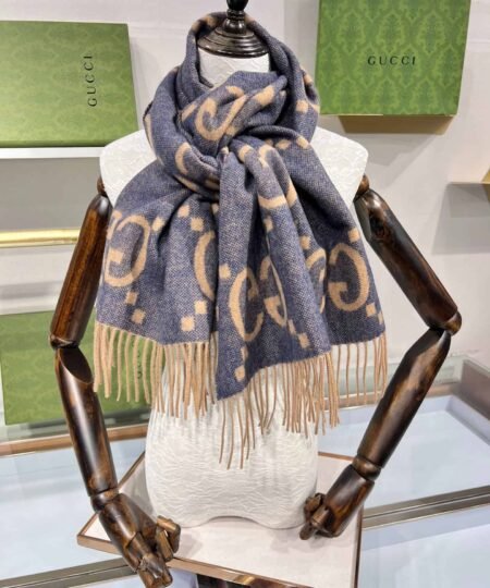 Alternative view of Gucci Cashmere Jacquard Scarf Blue And Beige 200cm/79in For Women