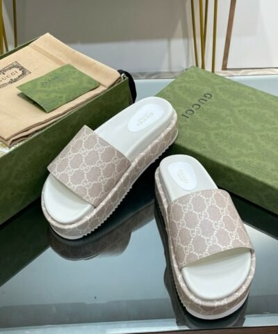 Gucci Jumbo Gg Platform Slide Sandal Beige For Women
