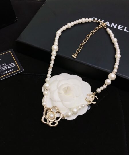 Alternative view of Chanel Pearl Necklace With Flower Gold Tone For Women