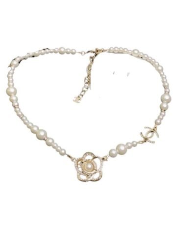 Chanel Pearl Necklace With Flower Gold Tone For Women