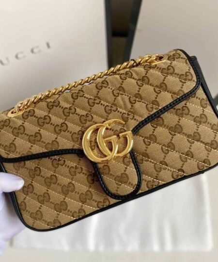 Gucci Marmont Small Shoulder Bag Beige/Ebony Diagonal Matelasse Original GG Canvas For Women 10in/26cm 443497 HVKEG 9772