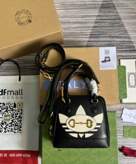 Gucci x Adidas Horsebit 1955 Mini Bag Black For Women, Women's Bags 7.9in/20cm GG 677212 U3ZDG 8726