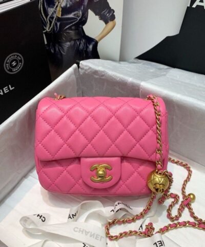 Chanel Mini Flap Bag With CC Ball On Strap Pink For Women, Women's Handbags, Shoulder And Crossbody Bags 6.7in/17cm AS1786