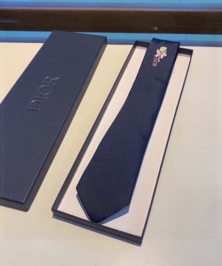Dior Silk Tie With Floral Motif And The Word "Dior" Navy Blue Dior Men Tie