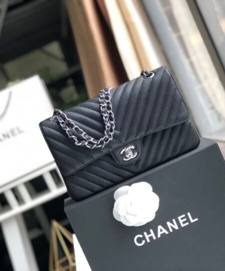 Chanel Chevron Classic Handbag Silver Hardware Black For Women, Women's Bags, Shoulder And Crossbody Bags 10.2in/26cm