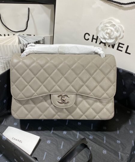 Chanel Large Classic Handbag Silver Hardware Grey For Women, Women's Handbags, Shoulder Bags 11.8in/30cm
