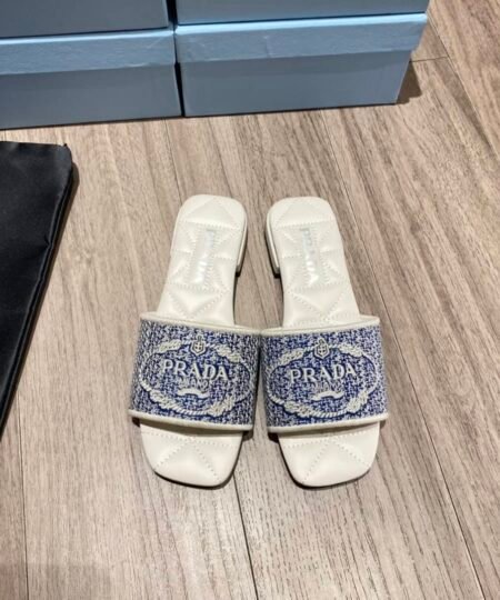 Prada Embroidered Fabric Slides Blue For Women 0.4in/10mm PRD