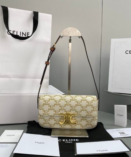 Celine Triomphe Shoulder Bag In Triomphe Canvas White For Women 8in/20cm 194142CUZ.01BC