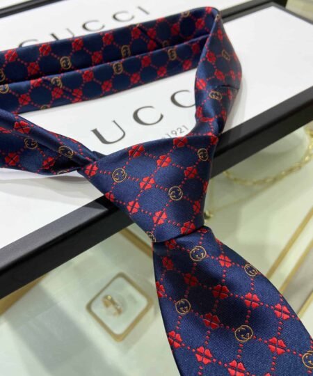 Alternative view of Gucci Interlocking G And Clover Silk Tie Dark Blue Silk GG Men Tie 658242 4E002 4074