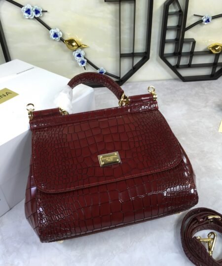 Dolce Gabbana Medium Sicily Bag In Foiled Crocodile-Print Burgundy For Women 10.2in/26cm DG