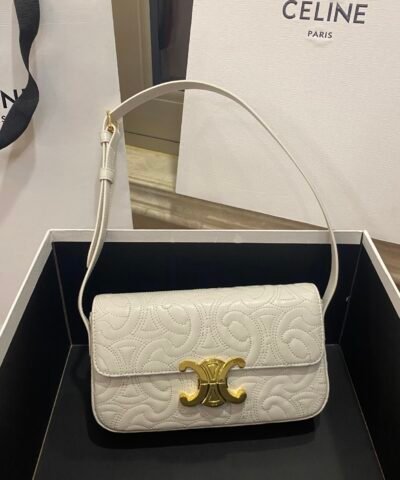 Celine Triomphe Shoulder Bag In Quilted Triomphe Lambskin White For Women 8in/20cm 194143EF4.01BC