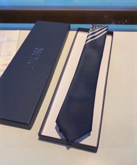 Dior Striped Dior Oblique Tie Navy Blue/White And Gray Silk Dior Men Tie 01C1047A0266_C588