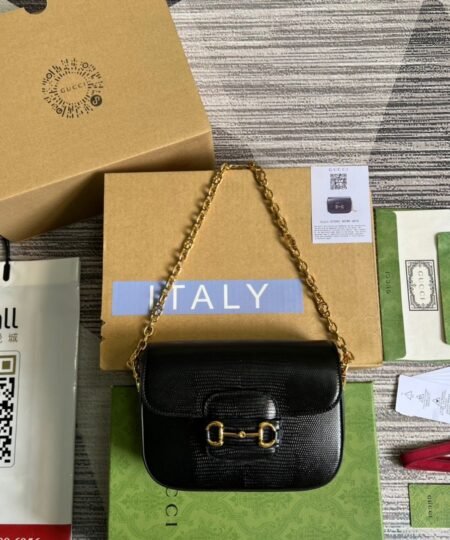 Gucci Horsebit 1955 Lizard Mini Bag Black For Women, Women's Bags 8in/20cm GG