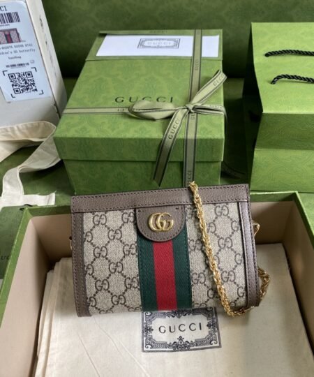 Gucci Ophidia Mini Shoulder Bag Beige/Ebony GG Supreme Canvas Green And Red Web Detail Brown For Women 7.5in/19cm GG 602676 K05NB 8745