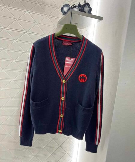 Gucci Blue Fine-Knit With GC Logo Cardigan