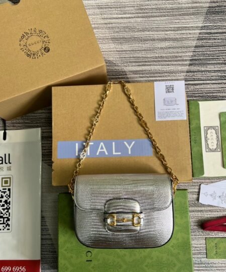 Gucci Horsebit 1955 Lizard Mini Bag Silver For Women, Women's Bags 8in/20cm GG