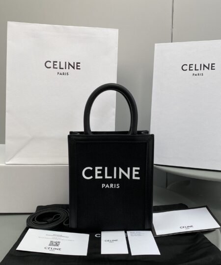Celine Mini Vertical Cabas Celine In Textile With Celine Print Black For Women 8in/20cm