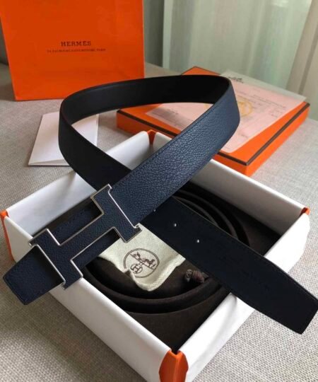 Hermes H Guillochee Belt Buckle & Reversible Strap Navy For Women, Women Belt
