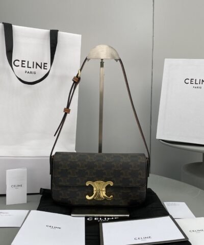 Celine Triomphe Shoulder Bag In Triomphe Canvas Tan For Women 8in/20cm 194142CUZ.04LU
