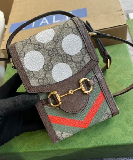 Gucci Horsebit 1955 Mini Bag Beige And Ebony GG Supreme Canvas With Geometric Print For Women 6.7in/17cm GG 625615 UQHFG 8679