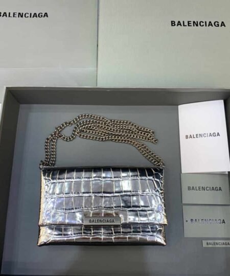 Balenciaga Triplet Small Bag Crocodile Embossed Silver, For Women, Women's Bags 8.3in/21cm