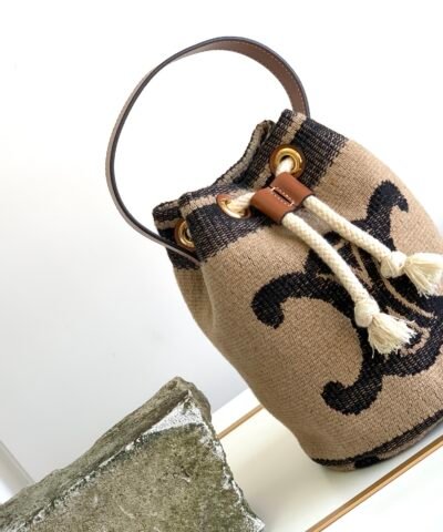 Celine Teen Drawstring In Textile With Triomphe Beige / Tan For Women 6in/15cm 196532EFZ.02ET