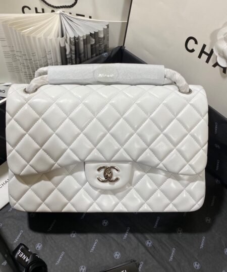 Chanel Large Classic Handbag Silver Hardware White For Women, Women's Handbags, Shoulder Bags 11.8in/30cm