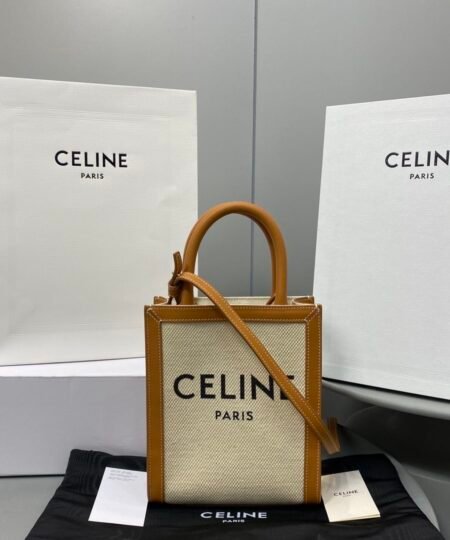 Celine Mini Vertical Cabas Celine In Textile With Celine Print White/Brown For Women 8in/20cm 193302BNZ.02NT