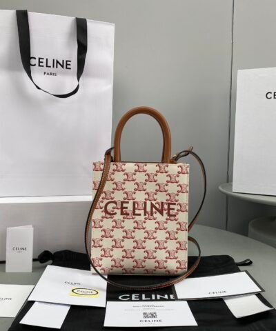 Celine Mini Vertical Cabas In Triomphe Canvas Red For Women 7.2in/18cm