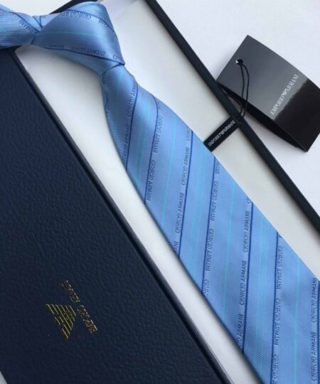 Armani Tie With Embroidered Text Light Blue Armani Men Tie