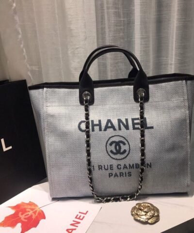 Chanel Deauville Tote Canvas Bag Light Grey For Women, Women's Handbags, Shoulder Bags 15in/38cm A66941