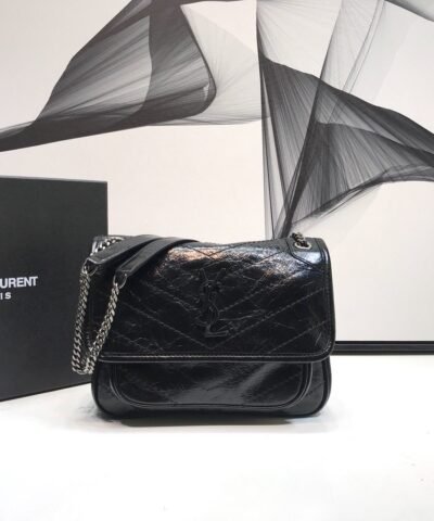 Saint Laurent Niki Baby Chain Bag In Crinkled Vintage Black For Women 8.2in/21cm YSL 6331600EN041000