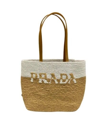 Prada Raffia Tote Bag White And Beige For Women 9.1in/23cm