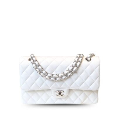Chanel Classic Medium Flapbag Silver Hardware White 10in/25.5cm