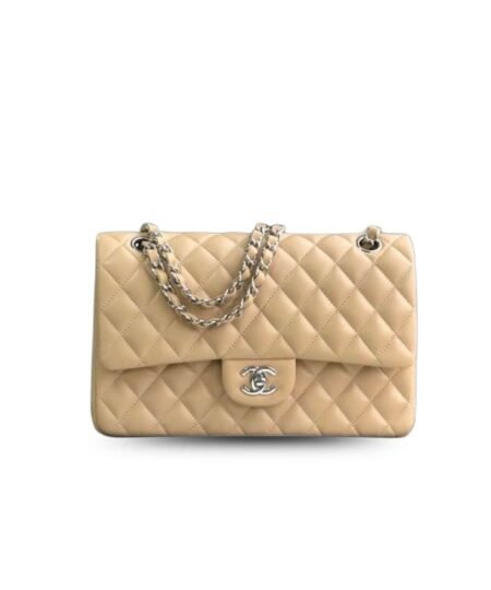 Chanel Classic Handbag Silver Hardware Beige For Women, Women's Bags, Shoulder And Crossbody Bags 10.2in/26cm A01112