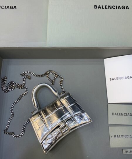 Balenciaga Hourglass Mini Handbag With Chain In Sliver, For Women, Women's Bags 4.7in/12cm