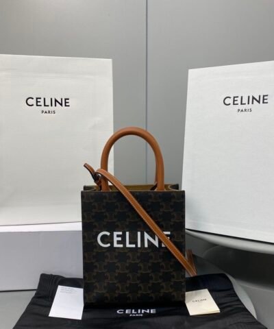 Celine Mini Vertical Cabas In Triomphe Canvas Brown For Women 7.2in/18cm 194372BZK.04LU