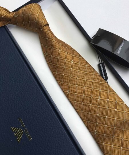 Armani Silk Tie With Checkered Lines Dark Yellow Armani Men Tie