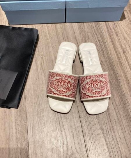 Prada Embroidered Fabric Slides Red For Women 0.4in/10mm PRD