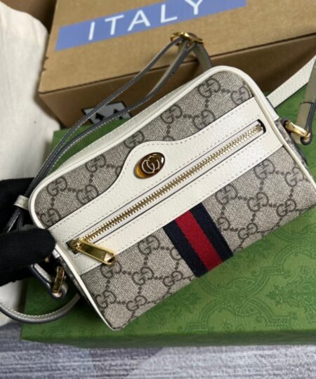 Gucci Ophidia Mini GG Bag Beige And Ebony GG Supreme Canvas, With White For Women 7in/17.5cm GG 517350 96IWS 9794