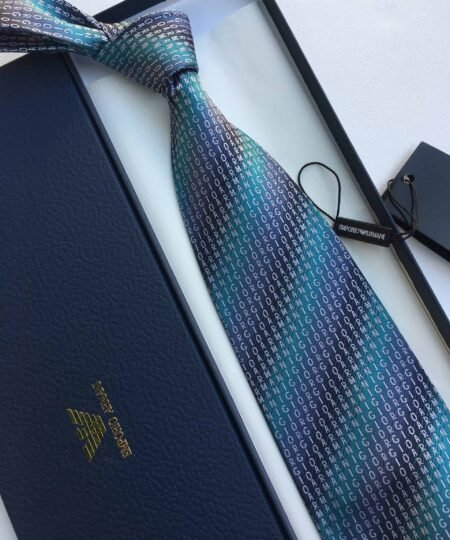 Armani Tie With Embroidered Text Blue Armani Men Tie