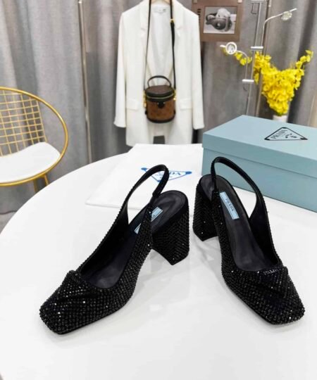 Prada Satin Sling-Back Pumps With Crystals Black For Women 3.5in/90mm PRD