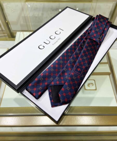 Gucci Interlocking G And Clover Silk Tie Dark Blue Silk GG Men Tie 658242 4E002 4074